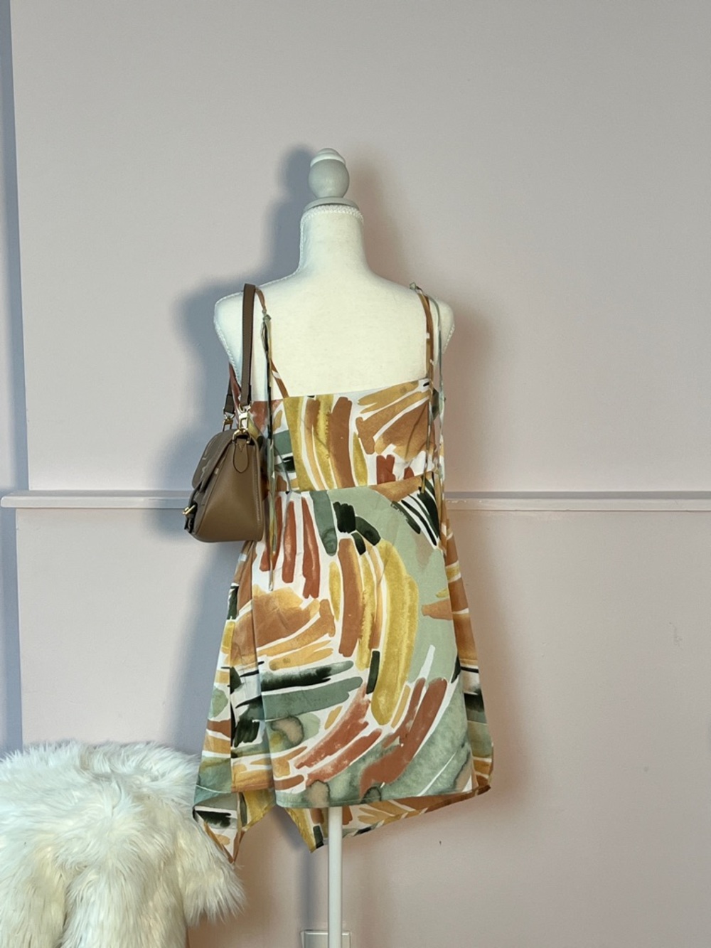 Abstract Print Spaghetti Strap Summer Dress in Green & Mustard - Picture 4 of 5